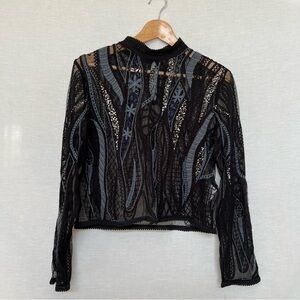 Zara Black and Blue Crochet Sheer High Collar Blouse with Sequins